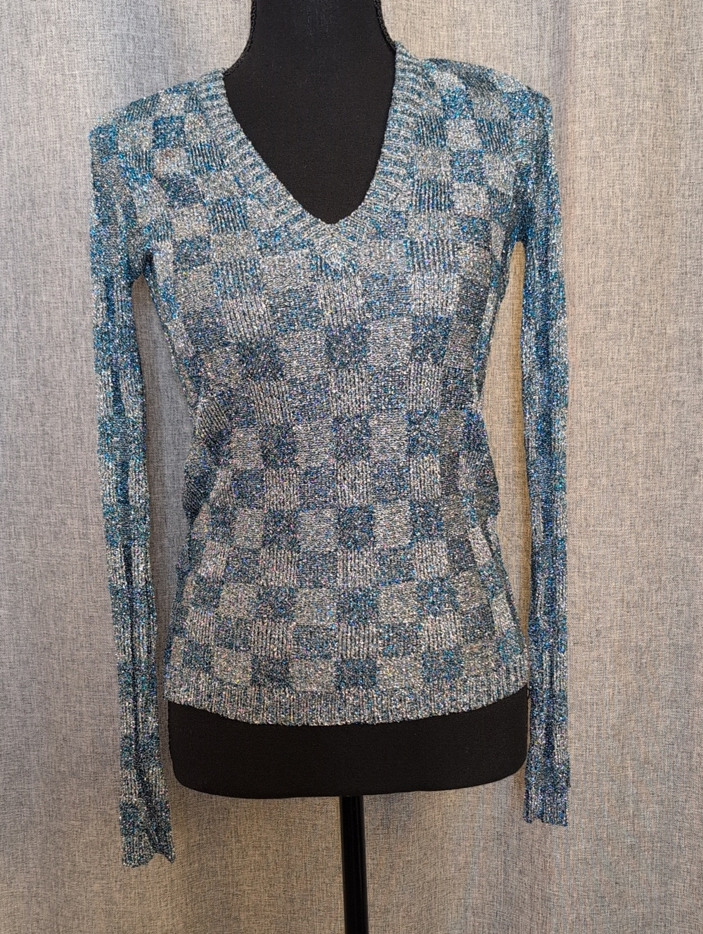 Vintage Yves Saint Laurent Teal and Gray Checkerboard V-Neck Metallic Sweater